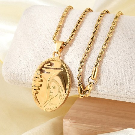 201 Stainless Steel Embossed Virgin Mary Pendant Rope Chain Necklaces NJEW-S387-08G-1