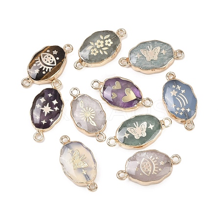 Opalite & Natural Amethyst & Green Aventurine & Quartz Crystal & Amazonite & Tiger Eye Oval Links Connector Charms KK-F921-12G-1