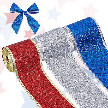 3 Rolls 3 Colors Sparkle Polyester Ribbon with Glitter Powder OCOR-PH0005-54-1