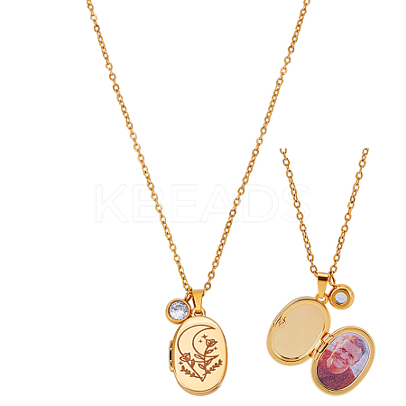 Stainless Steel Moon Print Oval Locket Pendant Necklaces NJEW-NB00015-1