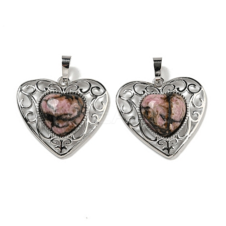 Natural Rhodonite Peach Love Heart Pendants G-G158-01R-1
