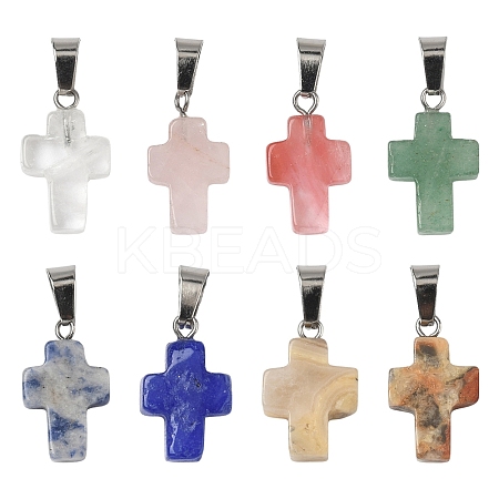 20Pcs Cherry Quartz Glass/Natural Rose Quartz/Green Aventurine/Crazy Agate/ Unakite/Quartz Crystal/Blue Spot Jasper Cross Pendants G-YW0002-28-1