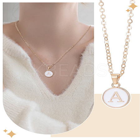 1Pc Zinc Alloy White Enamel Round with Letter Pendant Necklaces NJEW-LP0002-88G-A-1