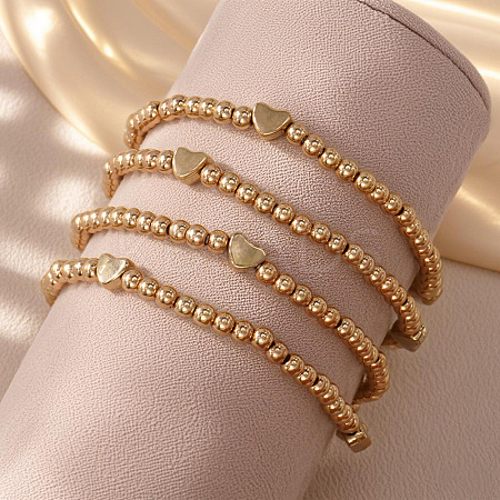 4Pcs Round and Heart Brass Beaded Stretch Bracelet Sets for Women Jewelry Accessories GV4770-1-1