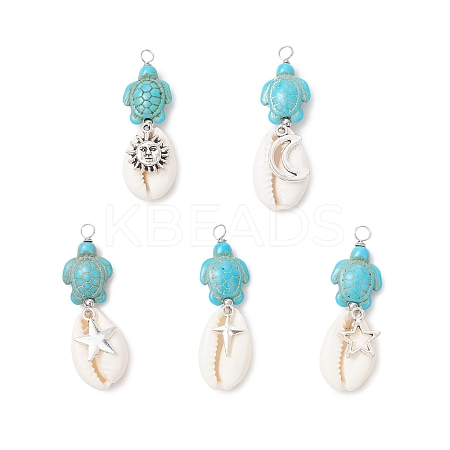5Pcs 5 Styles Natural Cowrie Shell & Dyed Synthetic Turquoise Turtle Copper Wire Wrapped Pendants PALLOY-JF04034-02-1