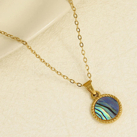 Stylish 304 Stainless Steel Pave Natural Paua Shell Flat Round Pendant Necklaces Simple Design Jewelry DP7329-3-1