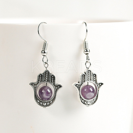 Natural Crystal Stone Hamsa Hand & Round Dangle Earrings UB8598-10-1