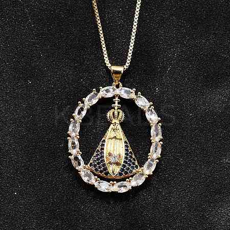 Brass Clear & Blue Cubic Zirconia Nossa Senhora Aparecida Virgin Pendant Necklaces for Women NJEW-U039-01A-G-1