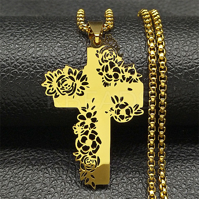 201 Stainless Steel Hollow Rose Cross Pendant Necklaces NJEW-H065-31G-1