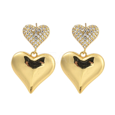 Rack Plating Heart Brass Micro Pave Clear Cubic Zirconia Stud Earrings EJEW-C116-02G-1
