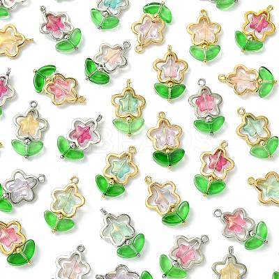70Pcs 2 Styles 7 Colors Flower Brass Glass Pendants PALLOY-FS00057-1