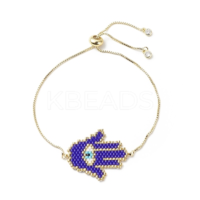 Glass Seed Braided Hamsa Hand with Evil Eye Link Slider Bracelet BJEW-MZ00004-1