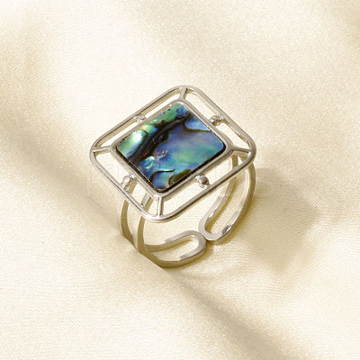 304 Stainless Steel with Natural Shell Cuff Open Rings for Women CE2201-2-1