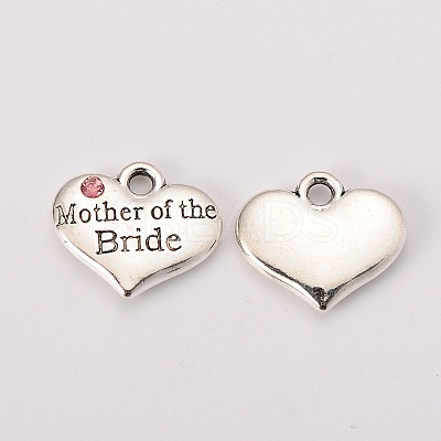 Wedding Theme Antique Silver Tone Tibetan Style Alloy Heart with Mother of the Bride Rhinestone Charms LS-TIBEP-N005-18A-1