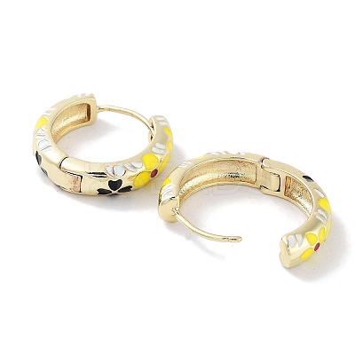 Real 18K Gold Plated Brass Enamel Flower Print Hoop Earrings for Women EJEW-L269-116G-1