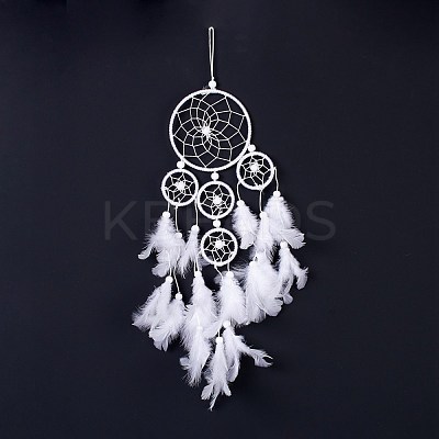Native Style Five Rings Woven Net/Web with Feather Wall Hanging Decoration HJEW-A002-02-1