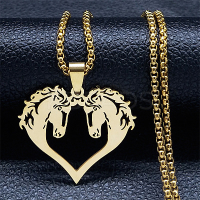 Hip-hop Style 201 Stainless Steel Laser Cut Double Horse Heart Pendant Necklaces FS-WGDE3BC-02-1