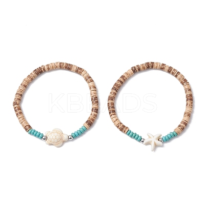 2Pcs Starfish & Tortoise Natural Coconut with Synthetic Turquoise Beads Stretch Bracelets for Men Women BJEW-JB11743-1