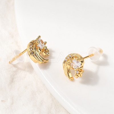 Brass Micro Pave Clear Cubic Zirconia Moon Stud Earrings EJEW-C158-10G-1