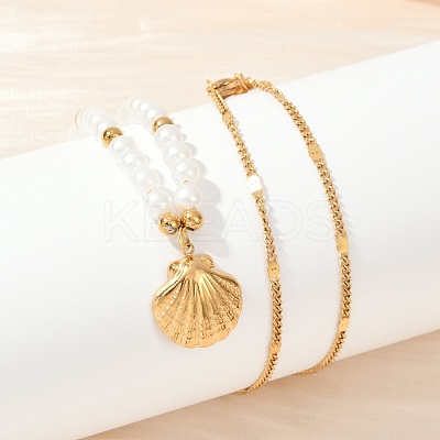 304 Stainless Steel Sea Animal Pendant Plastic Imitation Pearl Beaded Necklaces for Women NJEW-U048-02B-G-1