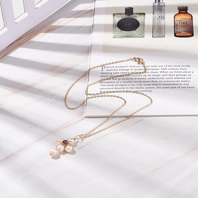 Natural Amethyst & Pearl Braided Cross Pendant Necklace NJEW-JN03920-01-1