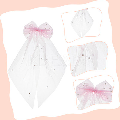2Pcs 2 Colors Bowknot Long Mesh Tulle Bridal Veils with Hair Barrettes & Imitation Pearl OHAR-GO0001-10-1