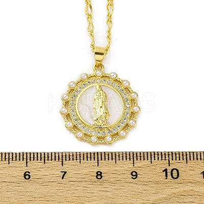 Brass Clear Cubic Zirconia Flat Round with Virgin Mary Pendant Necklaces LS-NJEW-C071-07A-G-1