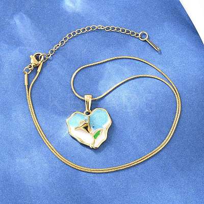 304 Stainless Steel Enamel Flower Heart Pendant Necklaces NJEW-H088-01G-1