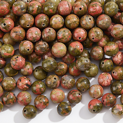 Natural Unakite Round Beads Strands G-NB0004-87B-1