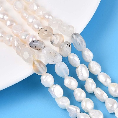 Natural Cherry Blossom Agate Nuggets & Natural Cultured Freshwater Pearl Beads Strands PEAR-N023-01A-05-1