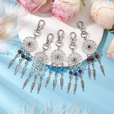 Woven Net/Web with Feather Alloy Pendant Decorations HJEW-JM02138-1