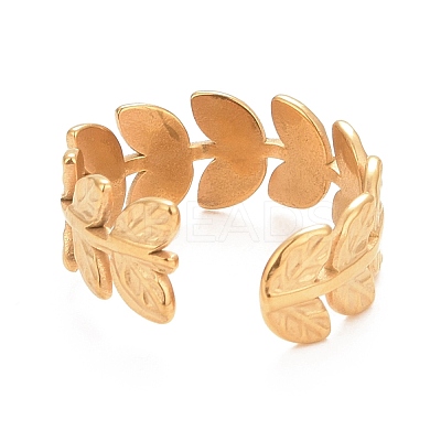 Ion Plating(IP) 304 Stainless Steel Leaf Wrap Open Cuff Ring for Women RJEW-C025-16G-1