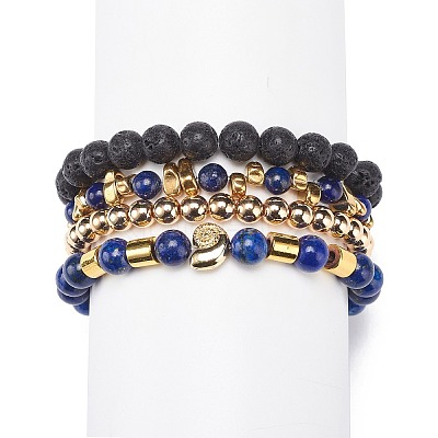 4Pcs 4 Style Natural Lava Rock & Lapis Lazuli(Dyed) & Synthetic Hematite Stretch Bracelets Set with Alloy Shell Beaded BJEW-JB08738-1