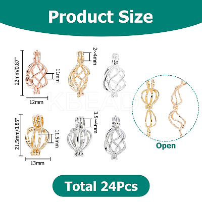 24Pcs 3 Styles Hollow Out Brass Alloy Bead Cage Pendants KK-HS0015-93-1