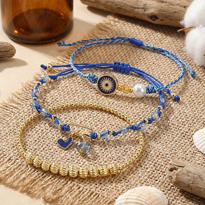 3Pcs 3 Styles Brass & Glass Beads Charm Bracelet Set EY6397-1-1