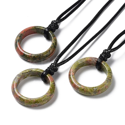 Natural Mixed Stone Ring Pendant Necklace with Waxed Cords NJEW-R262-01A-1