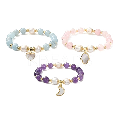 Natural Mixed Gemstone & Pearl Beaded Stretch Bracelet BJEW-JB09360-1