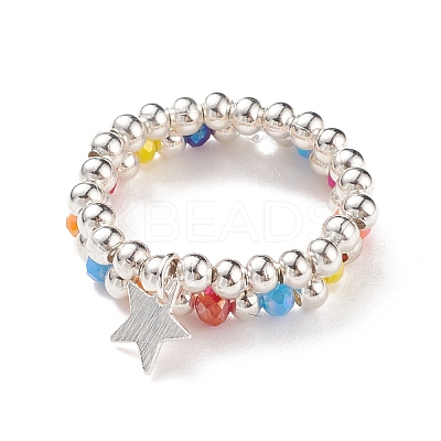 2Pcs 2 Style Glass & Brass Beaded Stretch Finger Rings with Charms for Women RJEW-JR00480-1