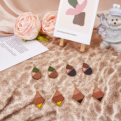 4 Pairs 4 Colors Natural Wood Teardrop & Rhombus Dangle Earrings EJEW-FI0001-46-1
