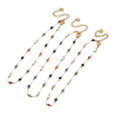 Natural Agate & Howlite & Synthetic Goldstone Faceted Round Bead 304 Stainless Steel Cable Chain Anklets for Women AJEW-G072-01G-1