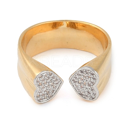 Heart Brass Micro Pave Clear Cubic Zirconia Open Cuff Ring for Women RJEW-Q819-20G-1