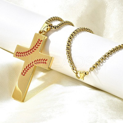 201 Stainless Steel Wheat Cross Pendant Box Chain Necklaces for Women Men NJEW-B124-01G-1