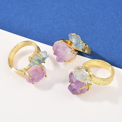 Nuggets Natural Amethyst & Aquamarine Open Cuff Rings RJEW-K286-12G-02-1