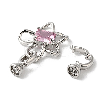 Rack Plating Brass Pave Pink Glass Fold Over Clasps KK-E084-35P-1