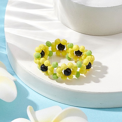 Flower Glass Stretch Rings for Women RJEW-JR00769-1