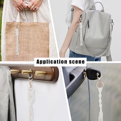 Cotton Knitting Tassel with Wood Beads Keychains KEYC-WH0018-78-1