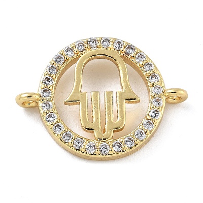 Rack Plating Brass Micro Pave Clear Cubic Zirconia Flat Round with Hamsa Hand Connector Charms KK-A234-039G-1