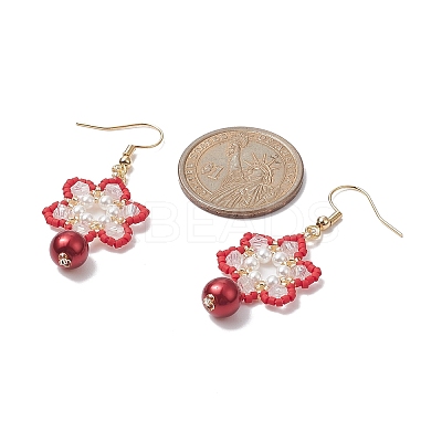 Glass Seed & Shell Pearl & Acrylic Braided Flower Dangle Earrings EJEW-MZ00071-1