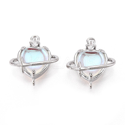 Brass Pave Clear AB Glass Cubic Zirconia Heart Planet with Star Connector Charms KK-N267-04G-1
