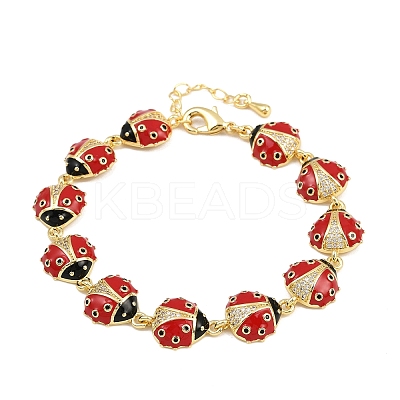 Brass Micro Pave Clear Cubic Zirconia with Enamel Red Ladybug Link Chain Bracelets for Women BJEW-L707-02G-1